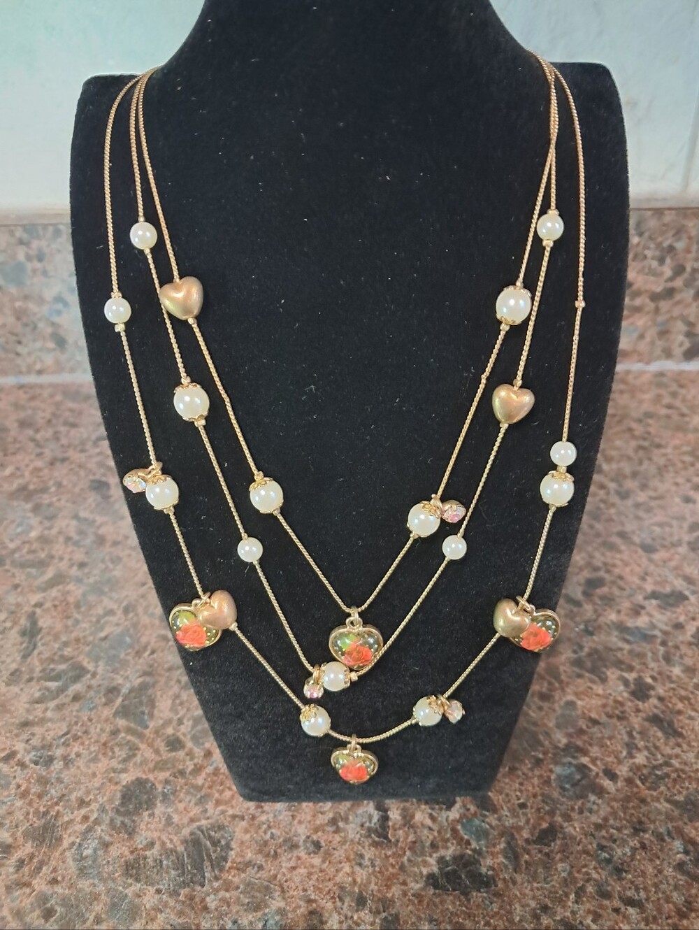 Vintage Betsey Johnson Necklace - Rose Heart Pearls